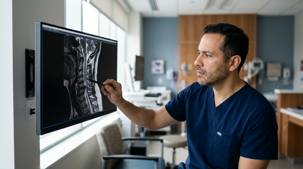 Neurocirujano latino revisa una resonancia de columna cervical que muestra una lesión de la médula espinal.