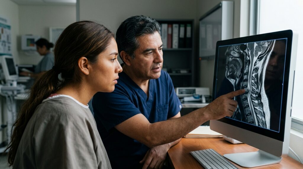 Neurocirujano latino revisa una resonancia de columna cervical que muestra una lesión de la médula espinal.