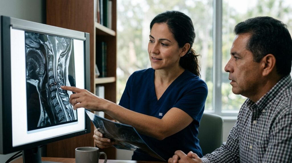 Neurocirujano latino revisa una resonancia de columna cervical con lesión de médula espinal.