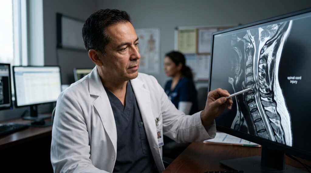 Neurocirujano latino revisa una resonancia de columna cervical con lesión de la médula espinal.