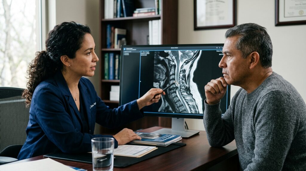 Neurocirujano latino revisa una resonancia de columna cervical que muestra una lesión medular.