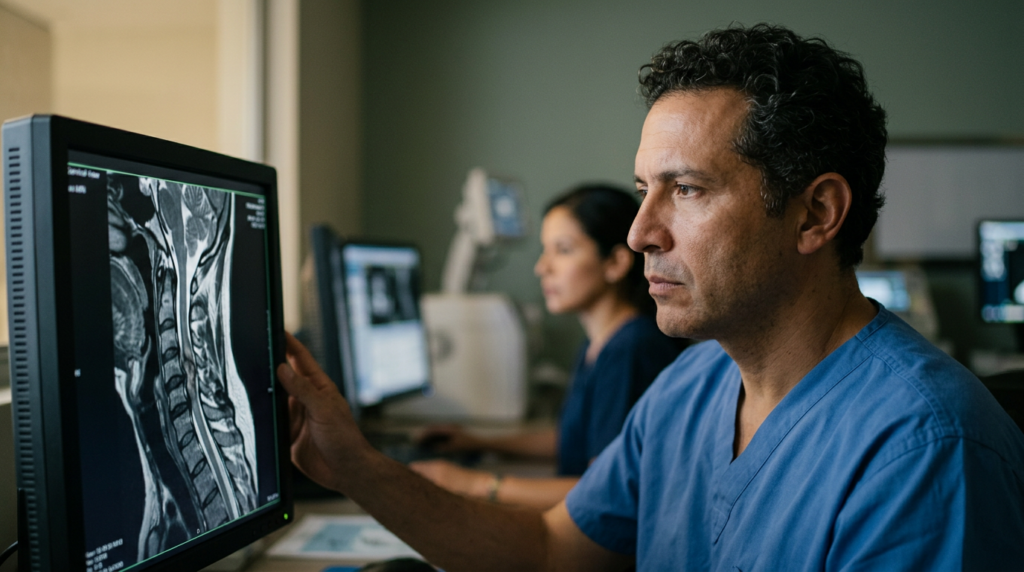 Neurocirujano latino revisa una resonancia de columna cervical con lesión de la médula espinal.