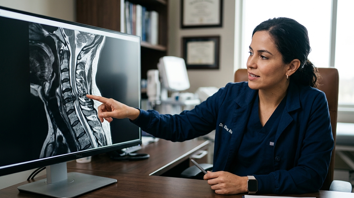 Neurocirujano latino revisa una resonancia de columna cervical que muestra una lesión de la médula espinal.