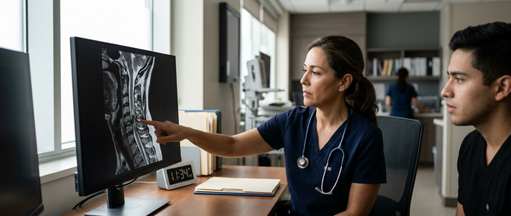 Neurocirujano latino revisa una resonancia de columna cervical que muestra una lesión de la médula espinal.