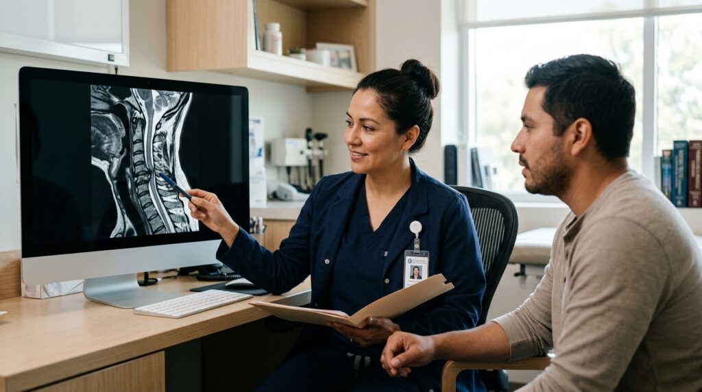 Neurocirujano latino revisa una resonancia de columna cervical con lesión de médula espinal.