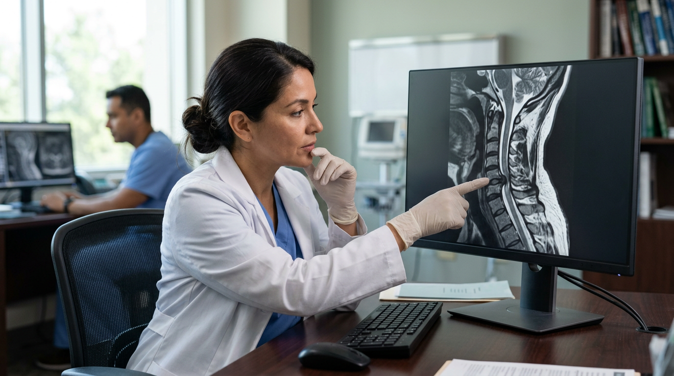Neurocirujano latino revisa una resonancia de columna cervical que muestra una lesión medular.