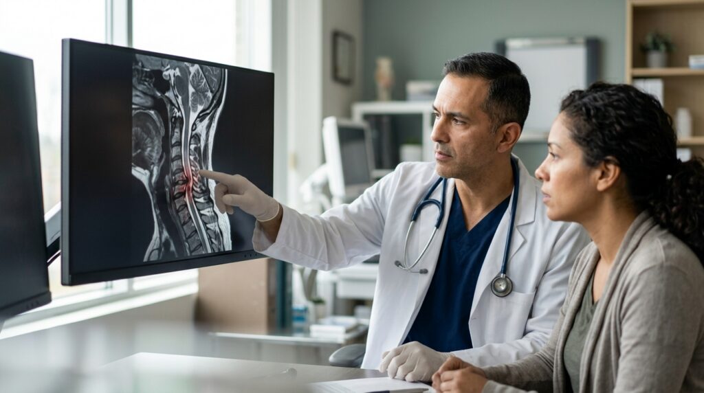 Neurocirujano latino revisa una resonancia de columna que muestra una lesión medular.