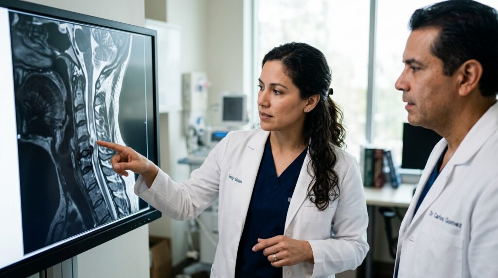 Neurocirujano latino revisa una resonancia magnética cervical que muestra una lesión de médula espinal.