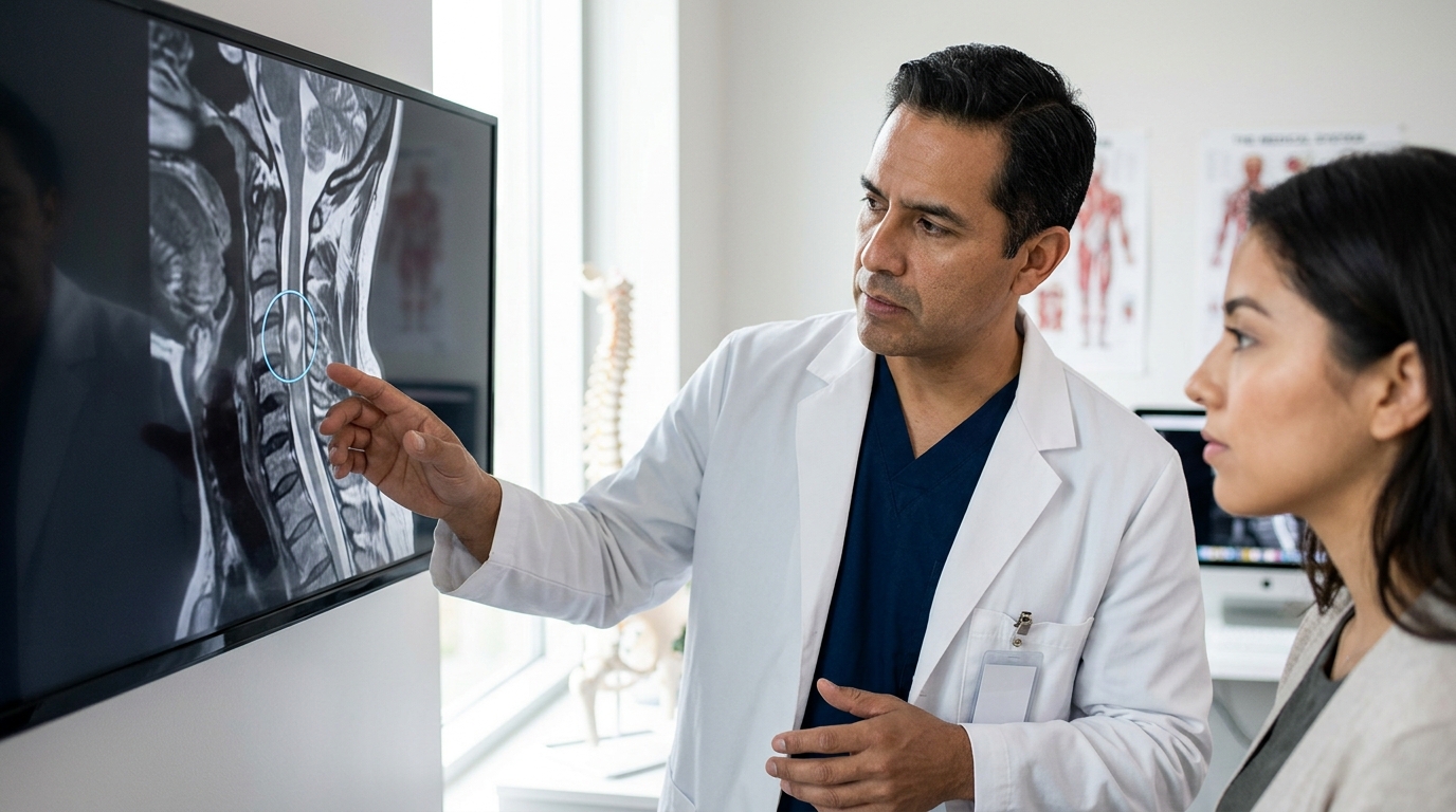 Neurocirujano latino revisa una resonancia magnética de columna cervical con lesión de la médula espinal.