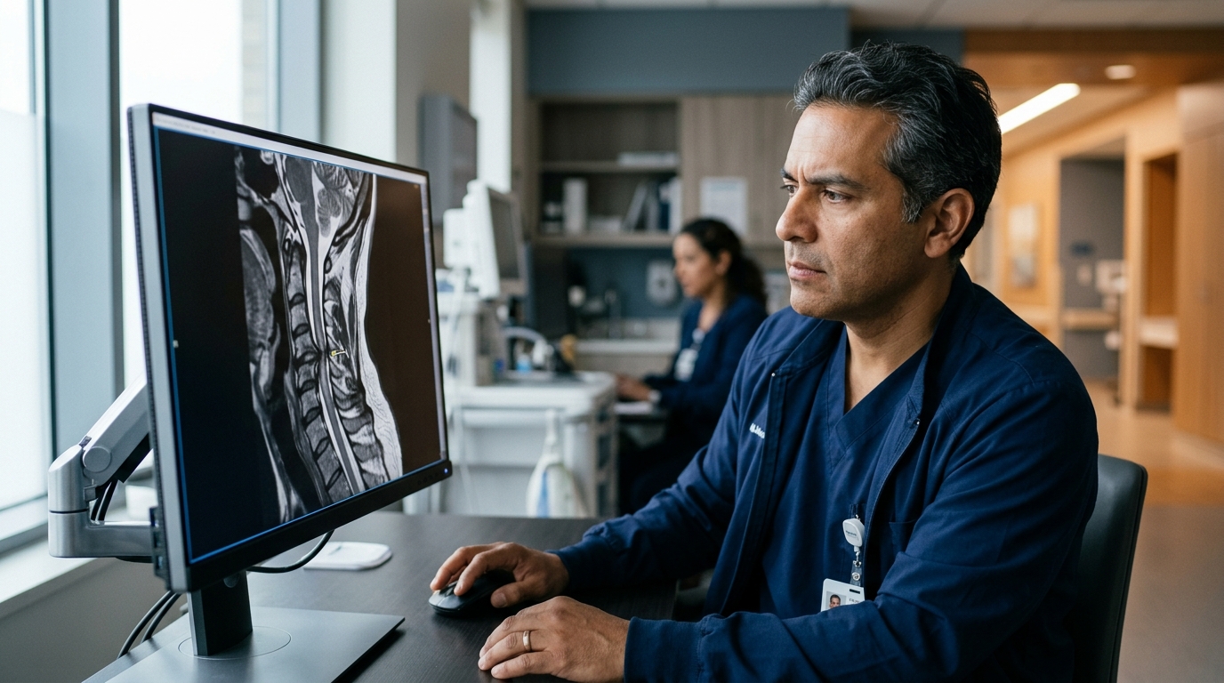 Neurocirujano latino revisando una resonancia de columna cervical con una lesión de la médula espinal.