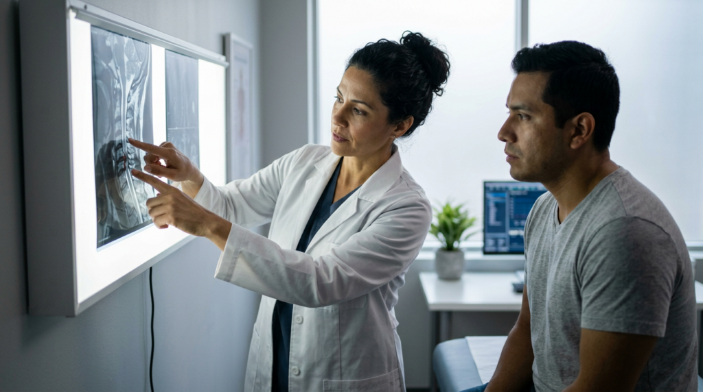Neurocirujano latino revisando una resonancia magnética de columna cervical con lesión medular.
