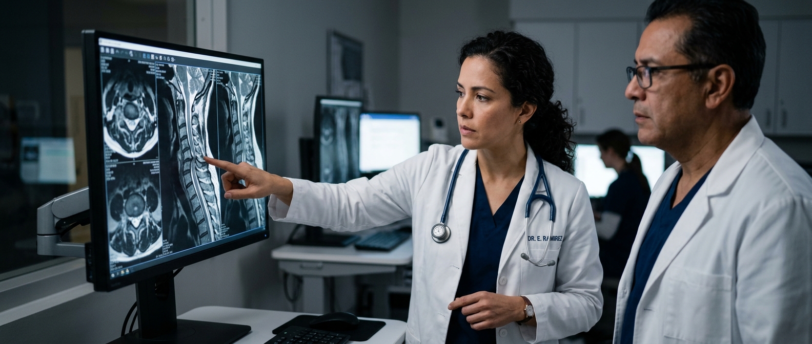 Neurocirujano latino revisando una resonancia magnética de columna cervical con lesión medular.