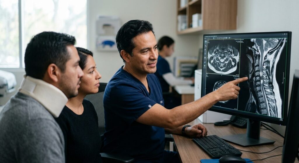 Neurocirujano revisa resonancia magnética de columna cervical con lesión medular.