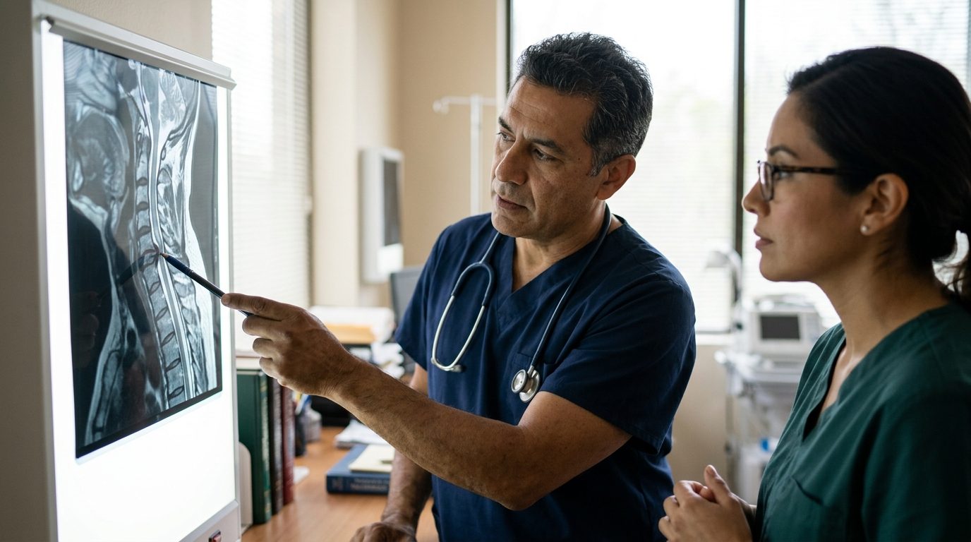Neurocirujano revisa resonancia magnética de columna cervical con lesión medular.