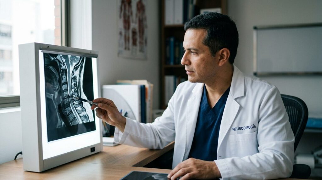 Neurocirujano revisa resonancia magnética de columna cervical con lesión medular.