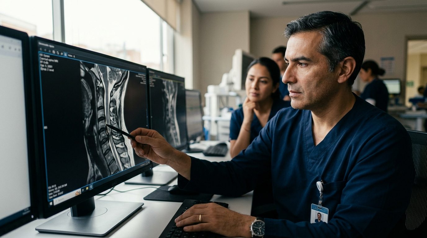 Neurocirujano revisa resonancia magnética de columna cervical con lesión medular.