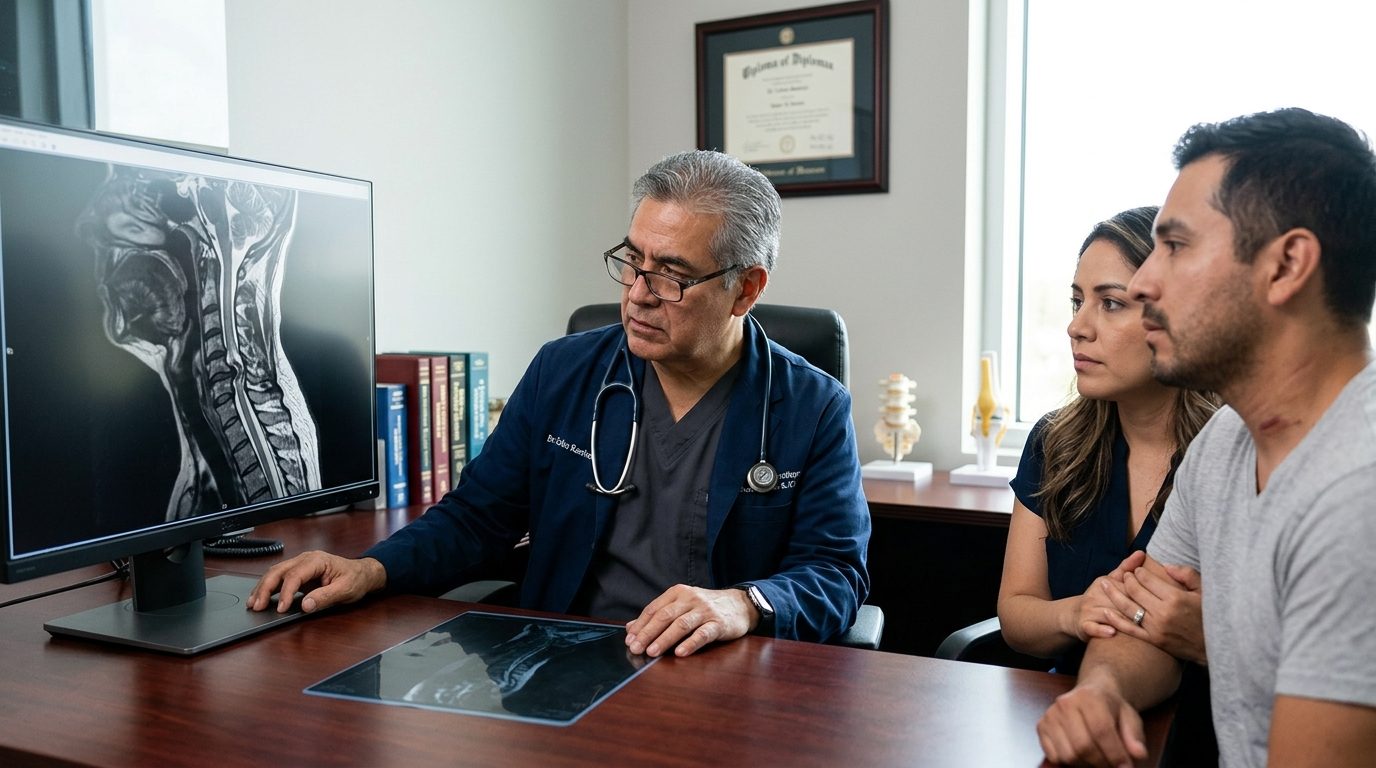 Neurocirujano revisa resonancia magnética de columna cervical con lesión medular.