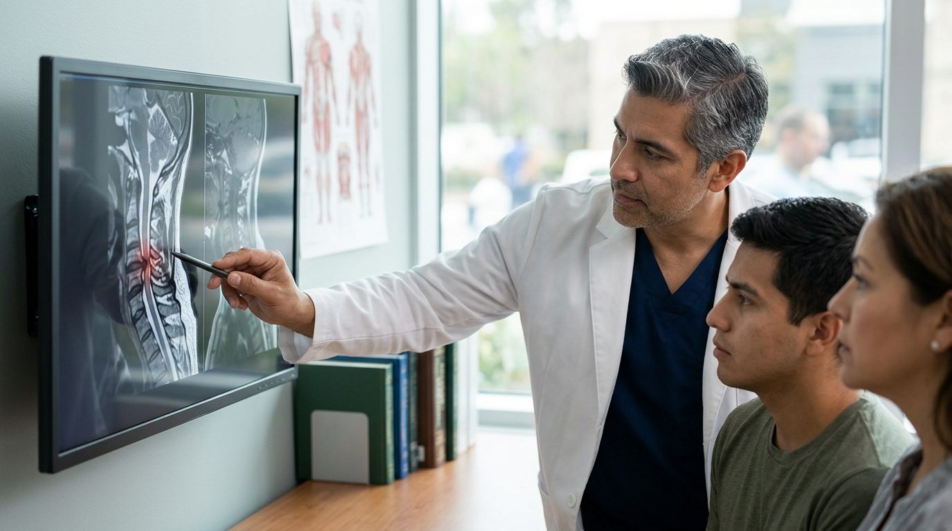Neurocirujano revisa resonancia magnética de columna cervical con lesión medular.