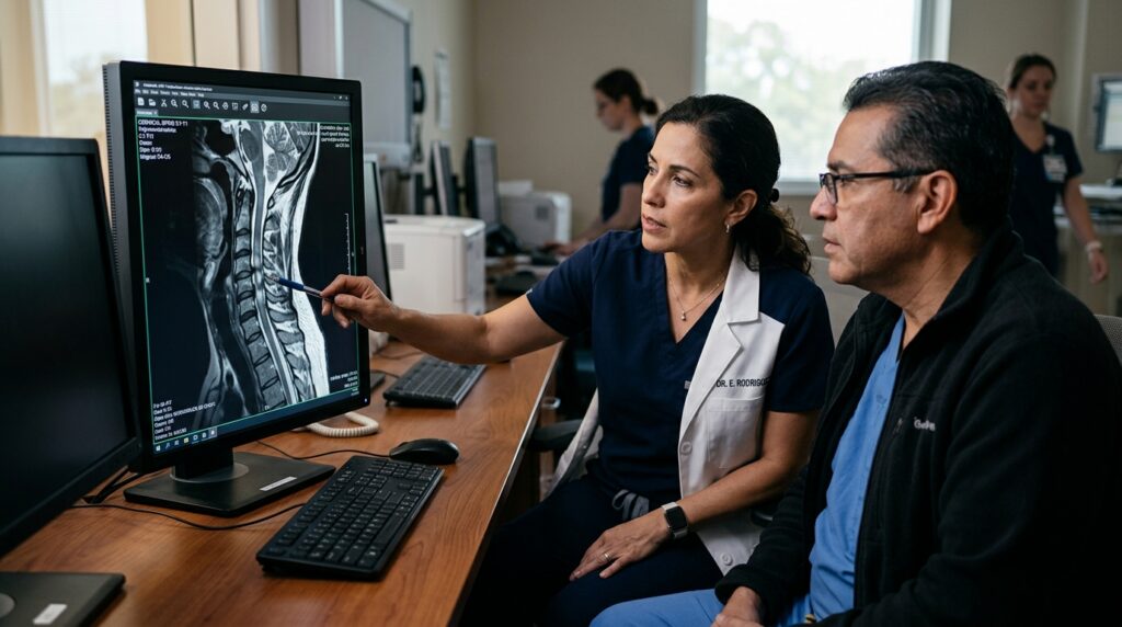 Neurocirujano revisa una resonancia de columna cervical que muestra una lesión de médula espinal.