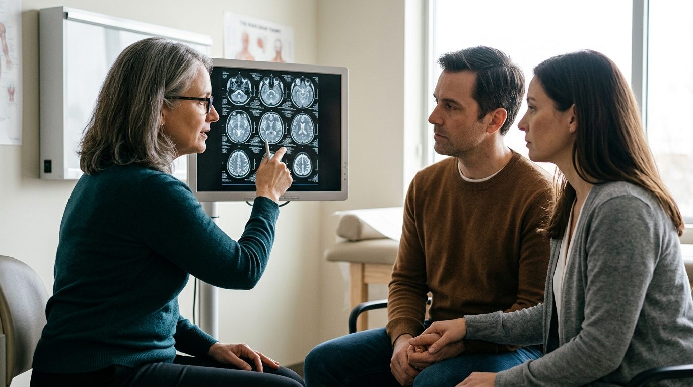 Neurologist discusses brain imaging results with family after near-drowning injury.