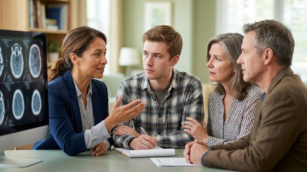 Neurologist discussing brain scan results with family after traumatic injury.