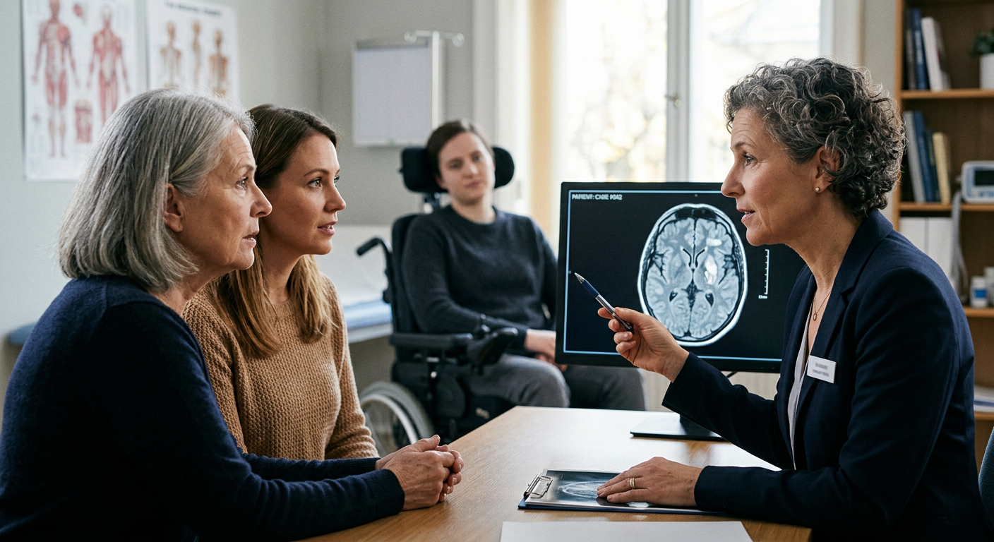 Neurologist reviewing brain imaging scans with a family after a traumatic brain injury.