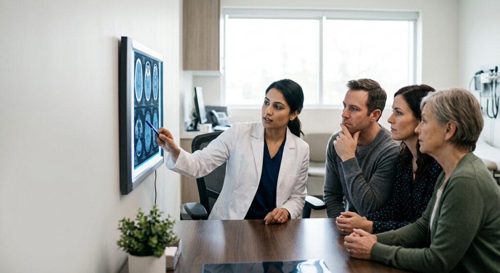 Neurologist reviewing brain imaging scans with a family after a traumatic brain injury.