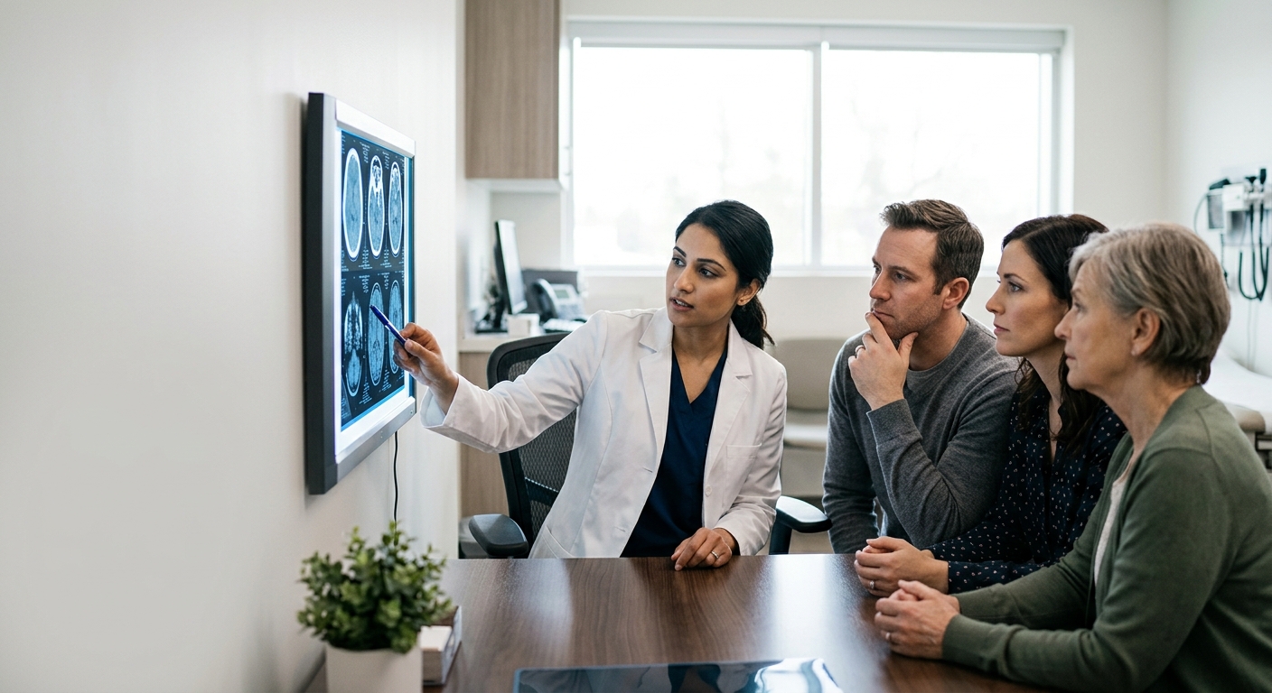 Neurologist reviewing brain imaging scans with a family after a traumatic brain injury.