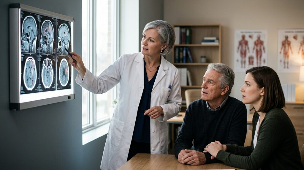 Neurologist reviewing brain scan images with a family after a traumatic brain injury.