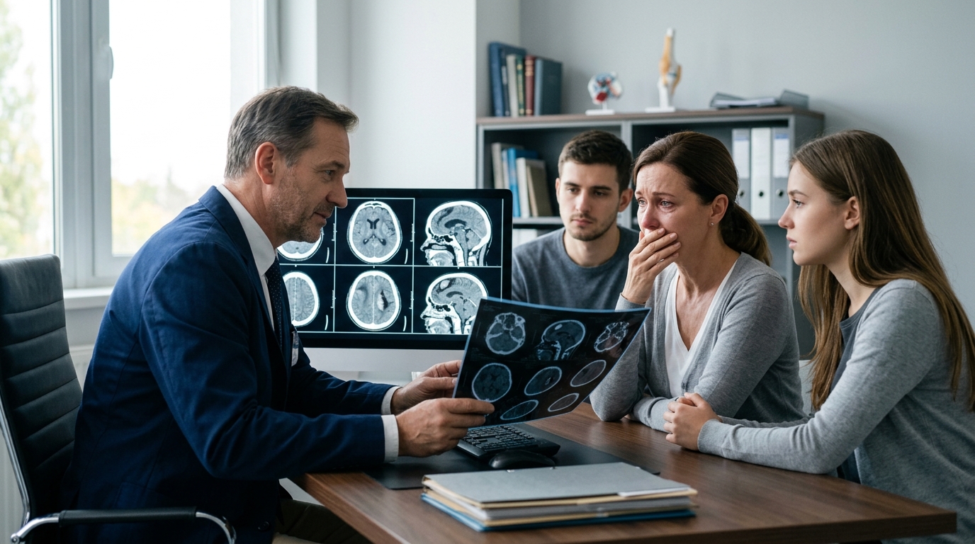 Neurologist reviewing brain scan images with a family after a traumatic brain injury.