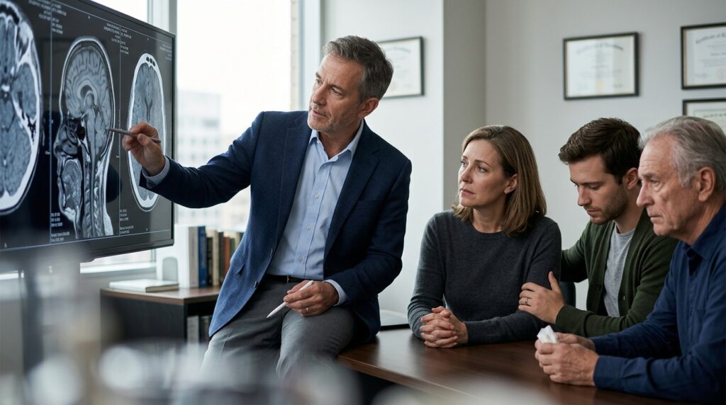 Neurologist reviewing brain scan images with a family after a traumatic brain injury.