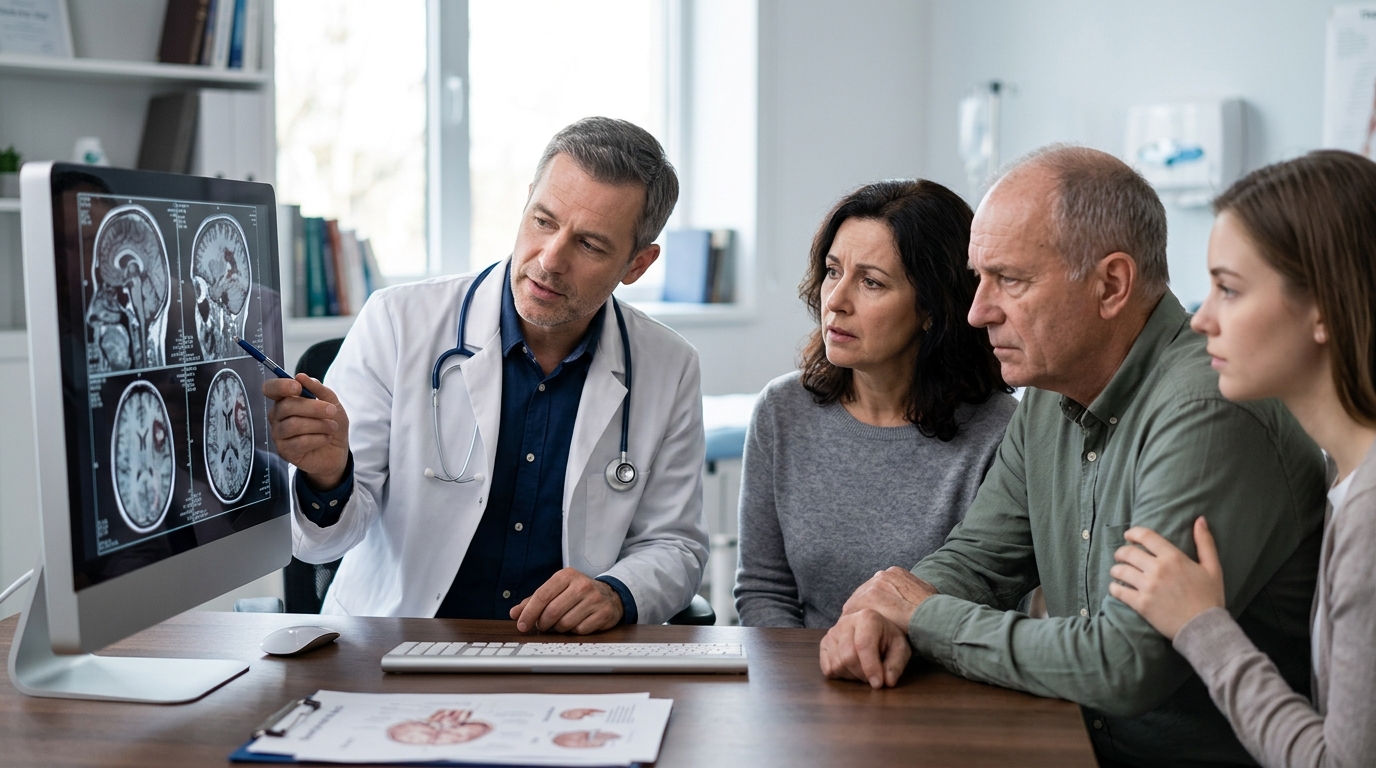 Neurologist reviewing brain scan images with a family after a traumatic brain injury.