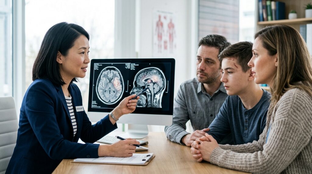 Neurologist reviewing brain scan images with a family following a traumatic brain injury.