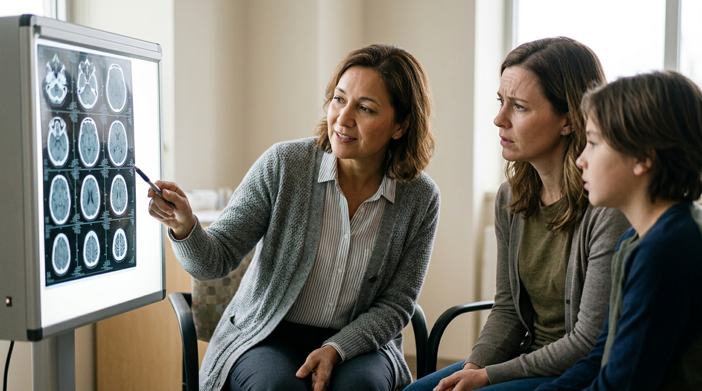 Neurologist reviewing brain scan images with a patient's family during traumatic brain injury rehabilitation.