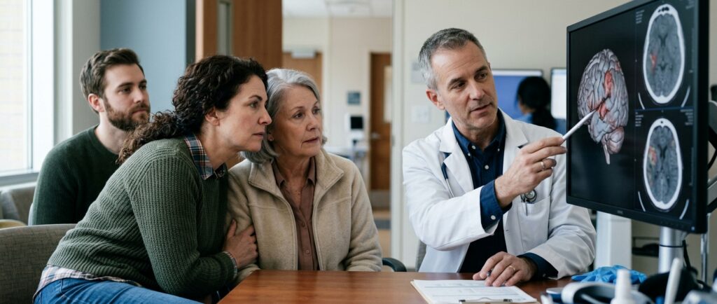 Neurologist reviewing brain scans on a monitor with a family after a traumatic brain injury.