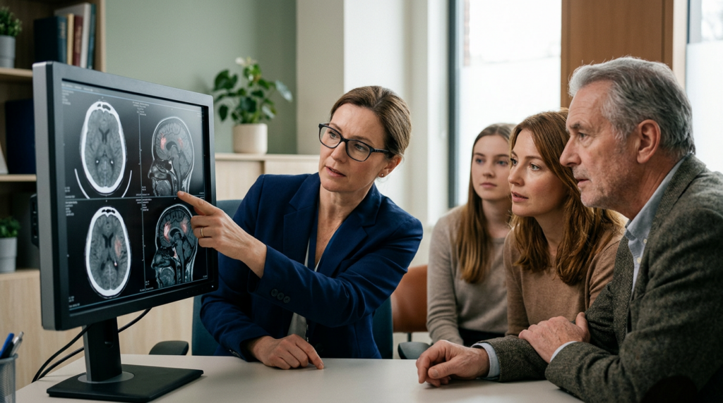 Neurologist reviewing brain scans on screen with a family after a traumatic brain injury.