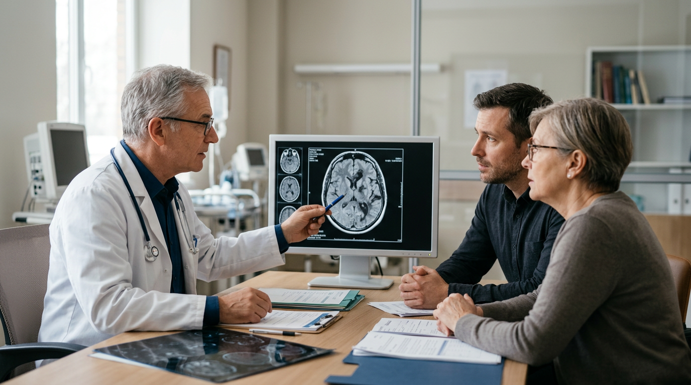 Neurologist reviewing brain scans with a family after a loved one's traumatic brain injury.