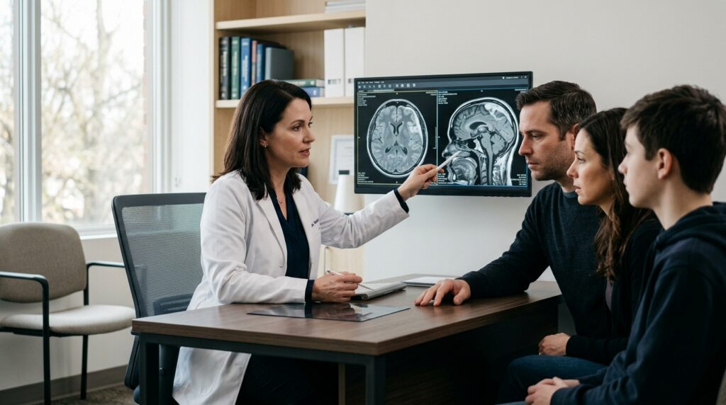 Neurologist reviewing brain scans with a family after a traumatic brain injury.