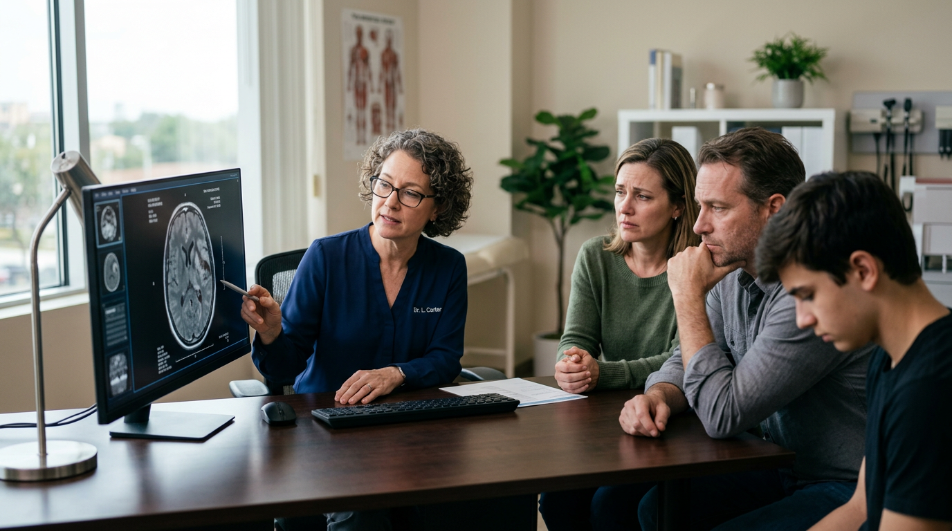 Neurologist reviewing brain scans with a family after a traumatic brain injury.