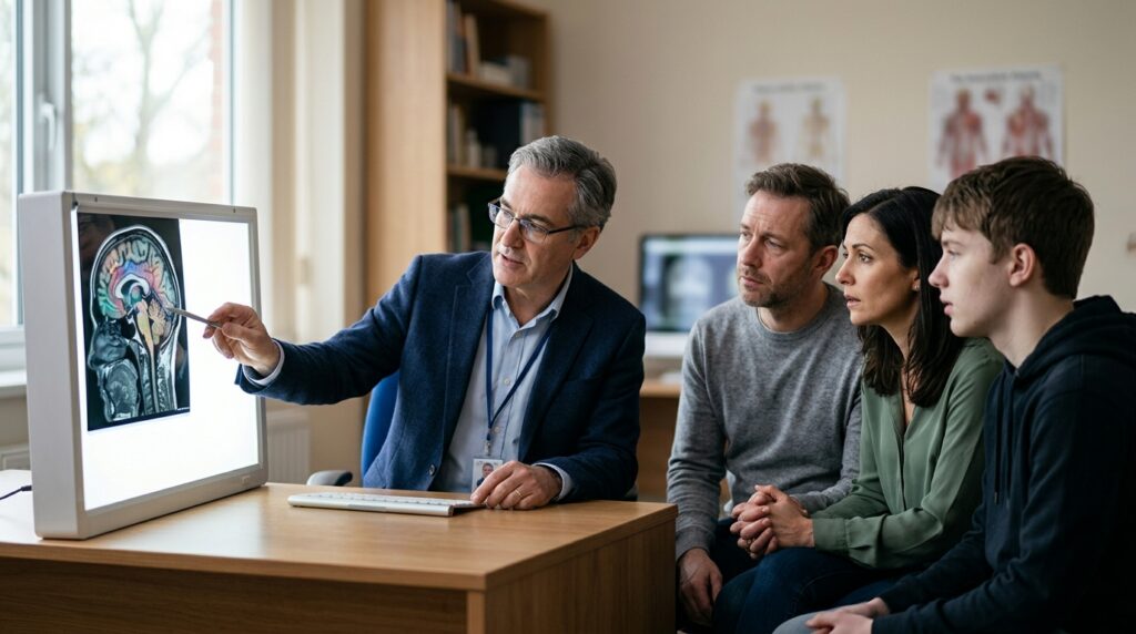 Neurologist reviewing brain scans with a family after a traumatic brain injury.