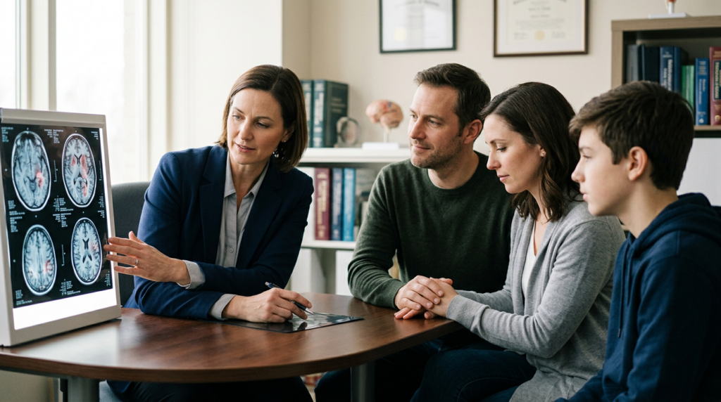 Neurologist reviewing brain scans with a family after a traumatic brain injury.
