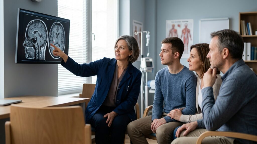 Neurologist reviewing brain scans with a family after a traumatic brain injury.