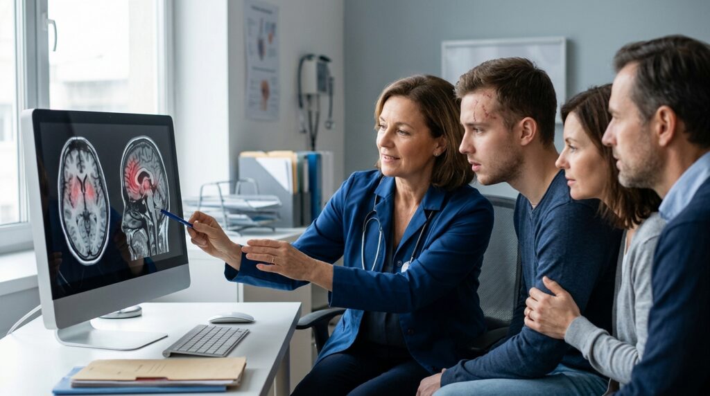 Neurologist reviewing brain scans with a family after a traumatic brain injury.
