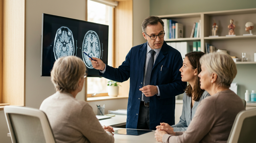 Neurologist reviewing brain scans with a family after a traumatic brain injury.