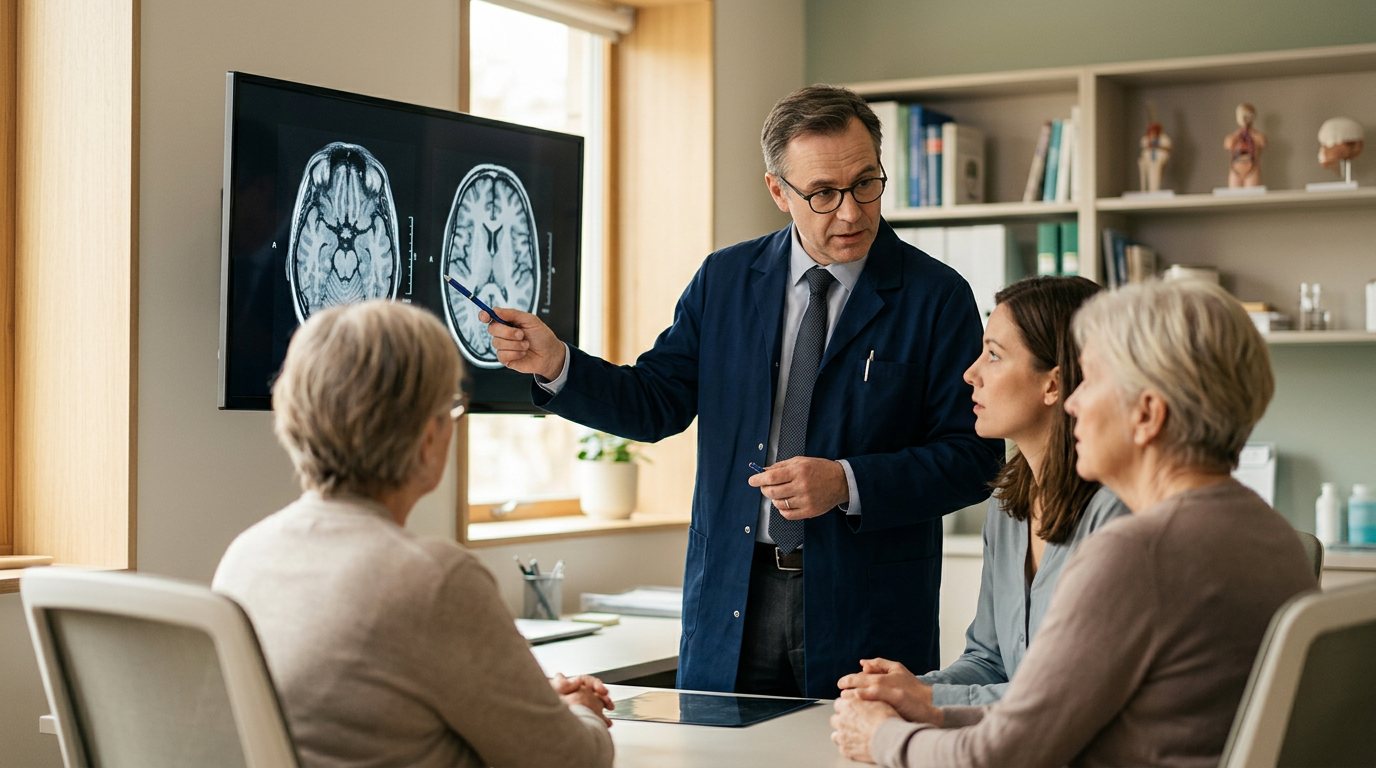 Neurologist reviewing brain scans with a family after a traumatic brain injury.