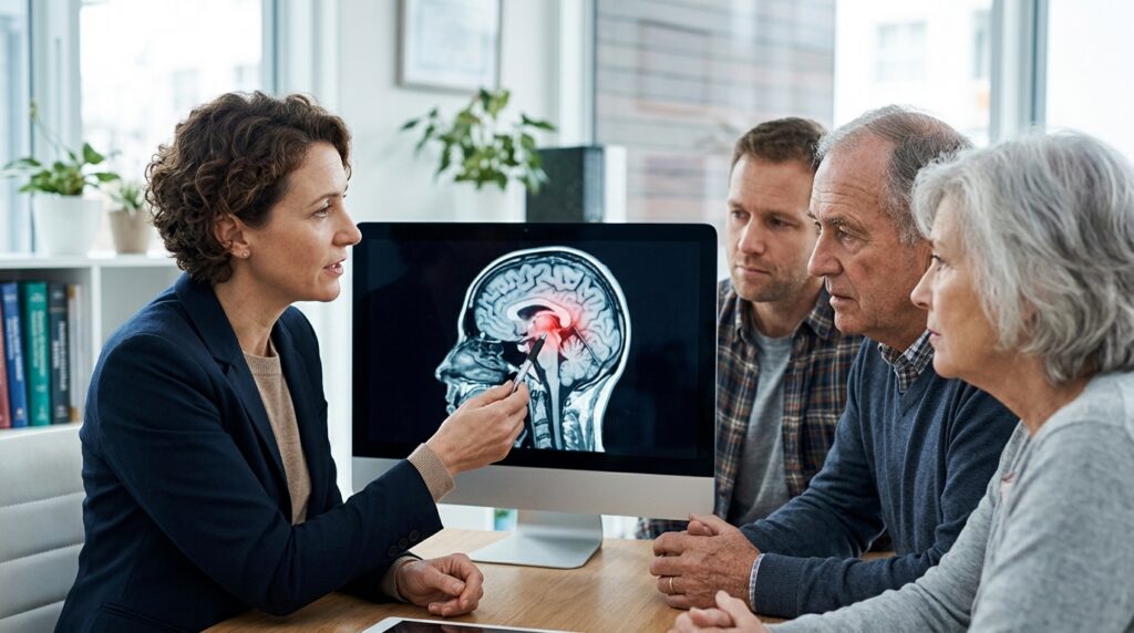 Neurologist reviewing brain scans with a family after a traumatic brain injury.