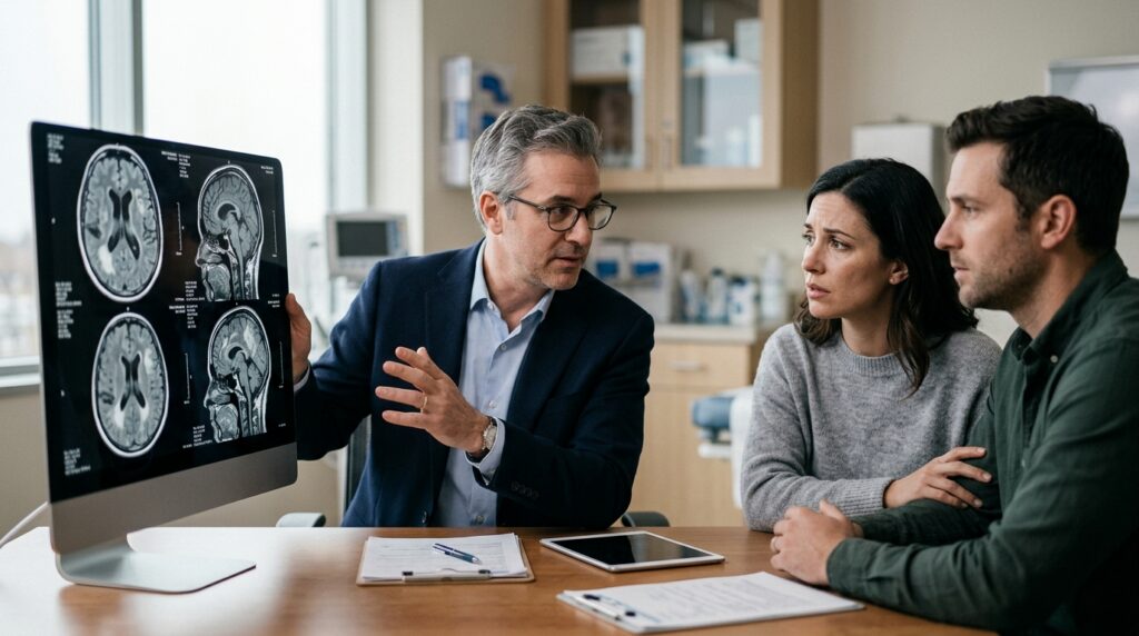 Neurologist reviewing brain scans with a family after a traumatic brain injury.