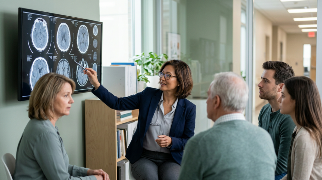 Neurologist reviewing brain scans with a family after a traumatic brain injury.