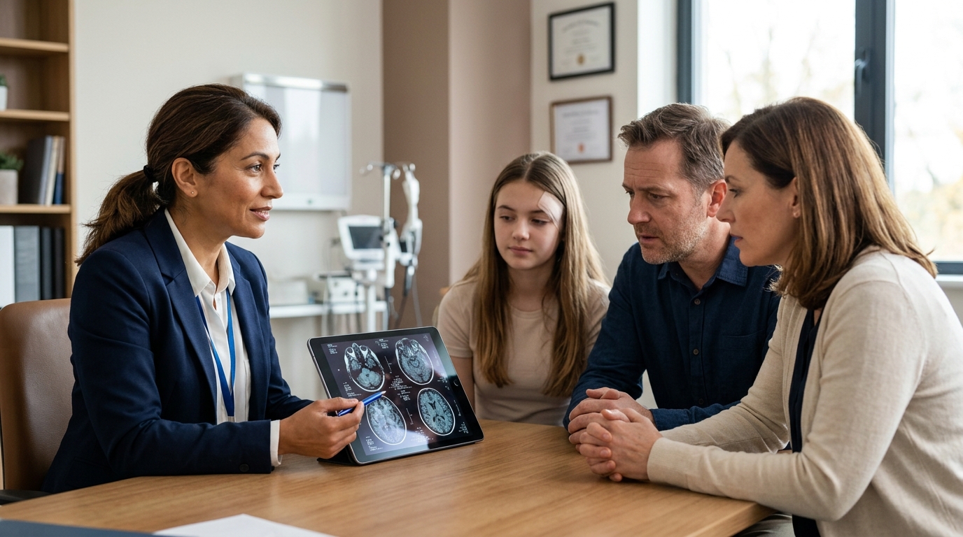 Neurologist reviewing brain scans with a family after a traumatic brain injury.