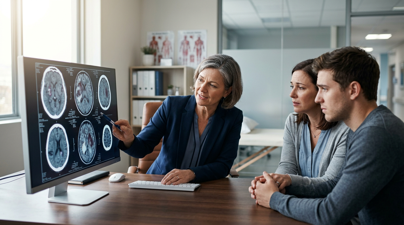 Neurologist reviewing brain scans with a family after a traumatic brain injury.